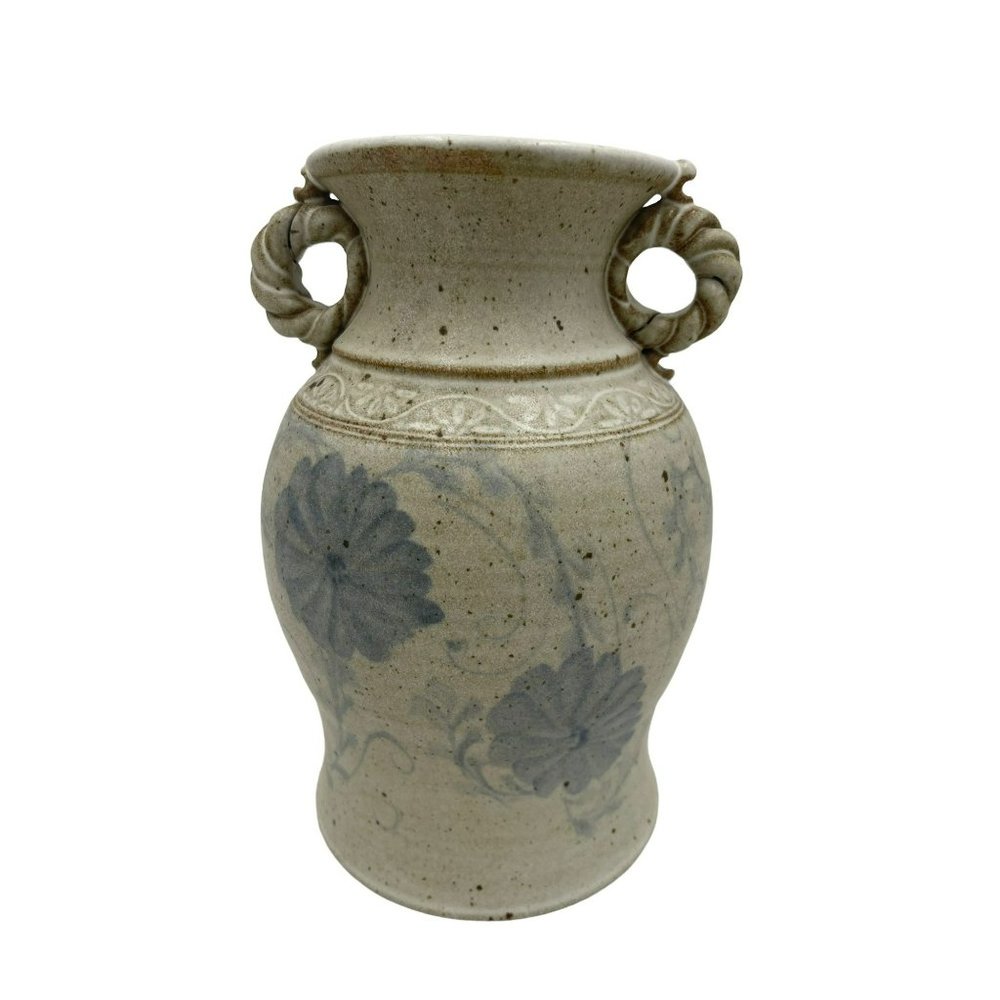 Artisan Signed Art Pottery Vase Double Twisted Handles Gray w Blue Florals 8.5"
